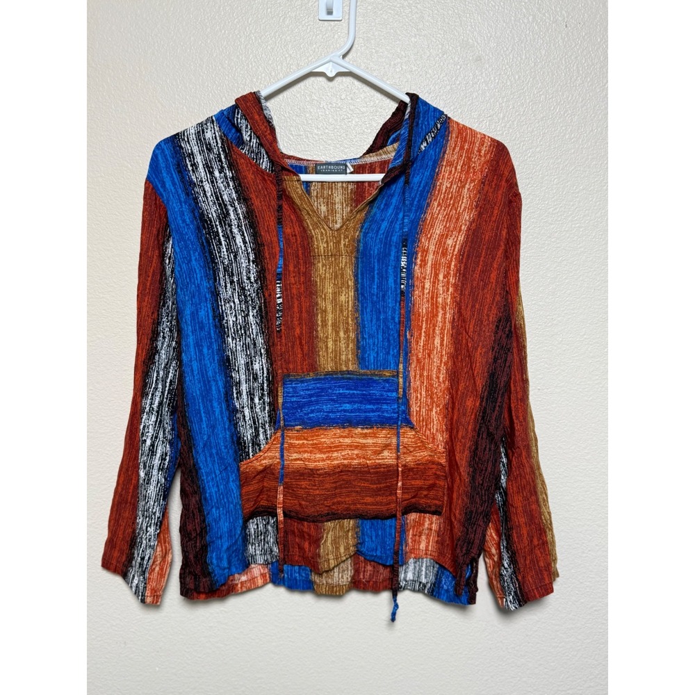 Earthbound Trading Co Womens Small Striped Boho Hooded Pullover Top Blue Orange
